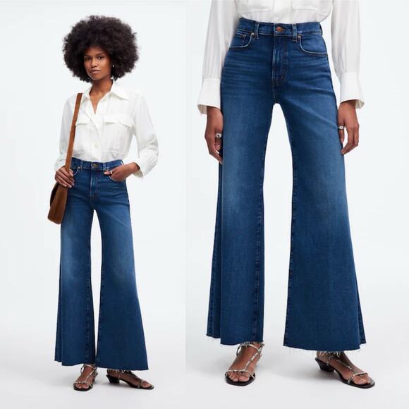 Madewell Flared Wide-Leg Jeans Dark Blue Raw Hem High Rise Stretch Denim 24 - Picture 1 of 9